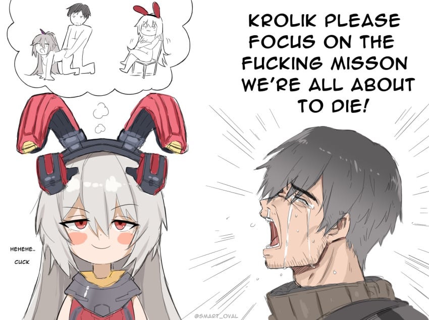 1boy 2girls all_fours animal_ears blush_stickers body_armor character_name closed_mouth commander_(girls'_frontline) commentary crying crying_asagiri_aya_(meme) cuck_chair_(meme) cuckquean doggy_style english_commentary english_text fake_animal_ears girls'_frontline girls'_frontline_2:_exilium grey_hair hair_between_eyes highres imagining krolik_(girls'_frontline_2) long_hair looking_at_viewer mechanical_ears meme multiple_girls multiple_views nemesis_(girls'_frontline_2) on_chair open_mouth rabbit_ears red_eyes sex sex_from_behind shitpost simple_background smart_oval smile smug speech_bubble straight teeth thought_bubble upper_body white_background