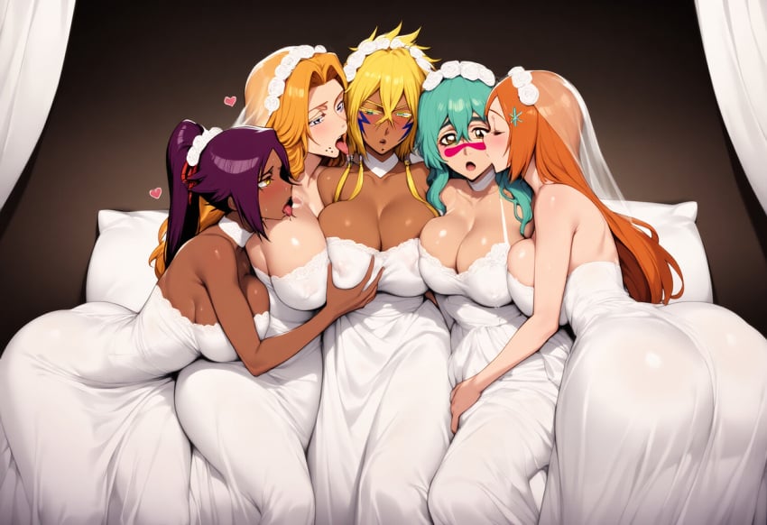 5girls ai_generated big_ass big_breasts big_butt bleach bleach:_the_thousand-year_blood_war blush blushing_female blushing_profusely breasts_to_breasts breasts_touching breath bubble_ass bubble_butt cleavage dark-skinned_female deep_cleavage dripping female female_only fffff_fivesome fivesome group_marriage harem huge_ass huge_breasts inoue_orihime kissing large_breasts lesbian_harem married massive_breasts matsumoto_rangiku more_than_one_spouse multiple_girl_marriage multiple_partners narrow_waist nelliel_tu_odelschwanck on_bed open_mouth polyamory saliva saliva_drip saliva_trail self_upload shihouin_yoruichi sweatdrop sweating sweaty sweaty_body sweaty_breasts sweaty_butt thick_nipples thick_thighs tia_harribel tongue tongue_kiss tongues_touching wedding_dress wide_hips yeetyboi5000 yuri