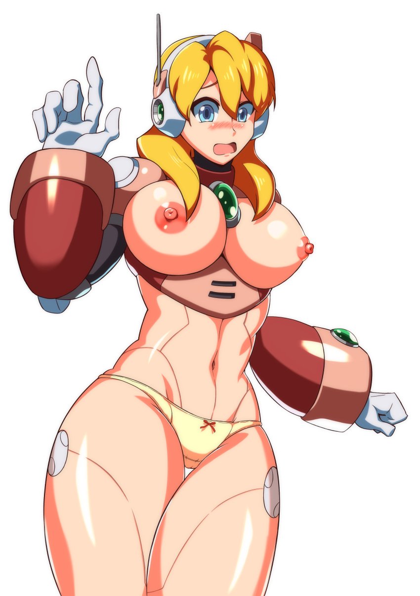 1girls alia big_breasts blonde_hair blue_eyes blush g-string hand_up kotatuman_dash long_hair mega_man mega_man_x nude robot_girl white_background white_gloves