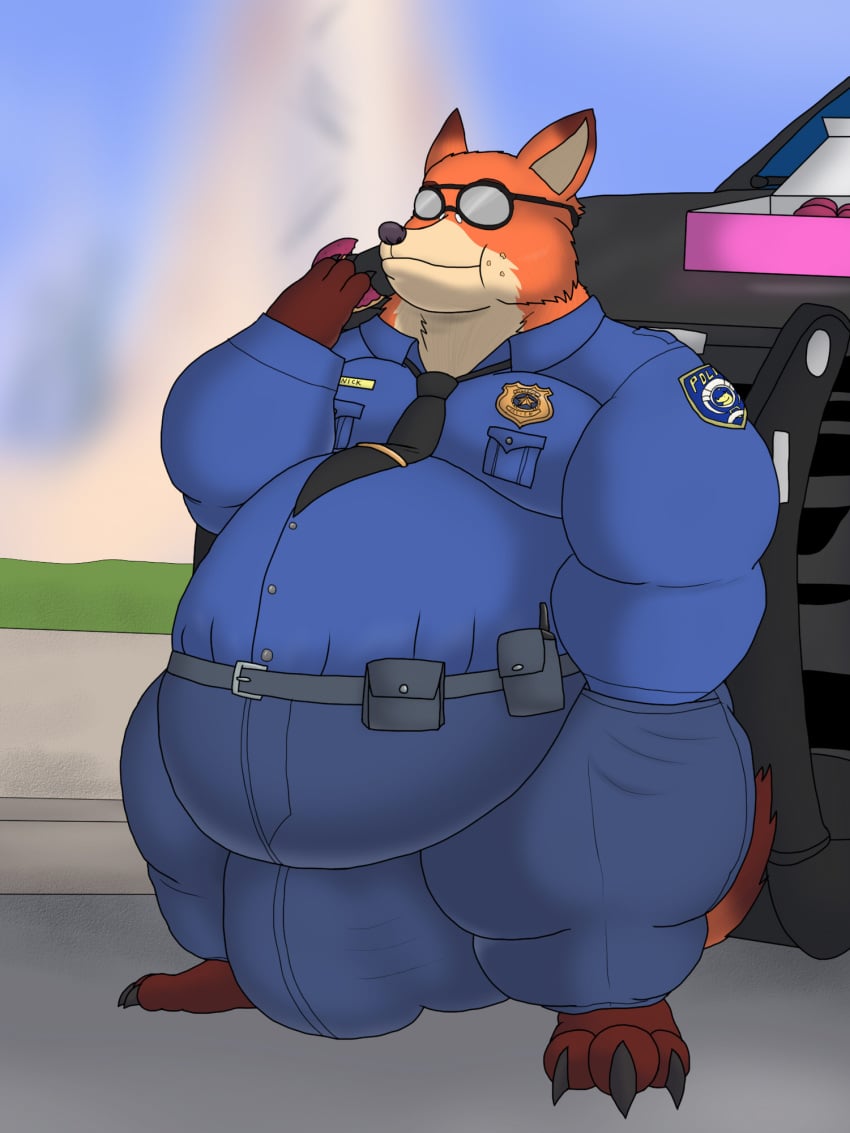 alythewolfcat anthro bulge canid canine car clothing dessert detailed_bulge disney doughnut eating eating_food electronics food fox genital_outline hi_res male mammal morbidly_obese nick_wilde obese overweight overweight_male pastry penis_outline police police_car police_uniform police_vehicle solo uniform vehicle walkie-talkie wearing_sunglasses zootopia