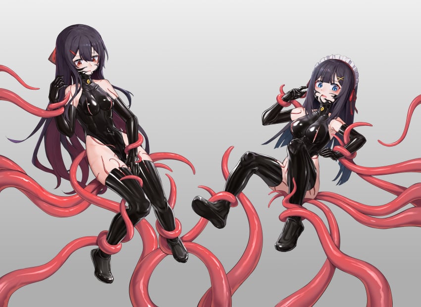 2girls absurdres bare_shoulders black_hair blue_eyes bondage bondage bound breasts elbow_gloves gag gloves highres latex leotard living_clothes long_hair medium_breasts multiple_girls navel original red_eyes restrained small_breasts tentacle tentacle_clothes thighhighs xiongmao zettai_ryouiki