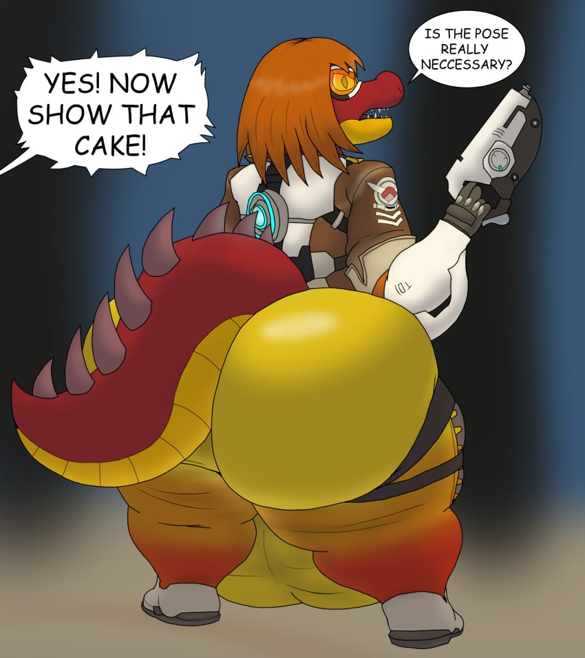 alligatorid alythewolfcat anthro ass backsack balls big_bulge big_butt blizzard_entertainment bulge caiman cosplay crocodilian english_text femboy genitals hi_res huge_bulge huge_butt hyper hyper_bulge male overwatch overwatch_2 pose reptile robbie_jake_(alythewolfcat) scalie solo text tracer_(cosplay) wearing_goggles