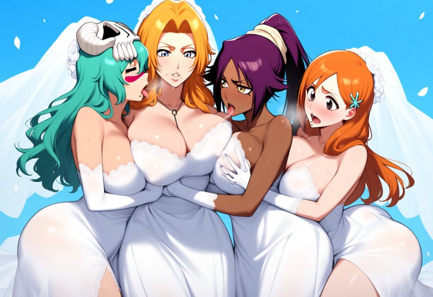 4girls ai_generated big_ass big_breasts big_butt bleach bleach:_the_thousand-year_blood_war blush blushing_female blushing_profusely breasts_to_breasts breasts_touching breath bubble_ass bubble_butt cleavage dark-skinned_female deep_cleavage dripping female female_only group_marriage huge_ass huge_breasts inoue_orihime kissing large_breasts married massive_breasts matsumoto_rangiku more_than_one_spouse multiple_girl_marriage multiple_partners narrow_waist nelliel_tu_odelschwanck on_bed one_piece open_mouth polyamory saliva saliva_drip saliva_trail self_upload shihouin_yoruichi sweatdrop sweating sweaty sweaty_body sweaty_breasts sweaty_butt thick_nipples thick_thighs tongue tongue_kiss tongues_touching wedding_dress wide_hips yeetyboi5000 yuri yuri