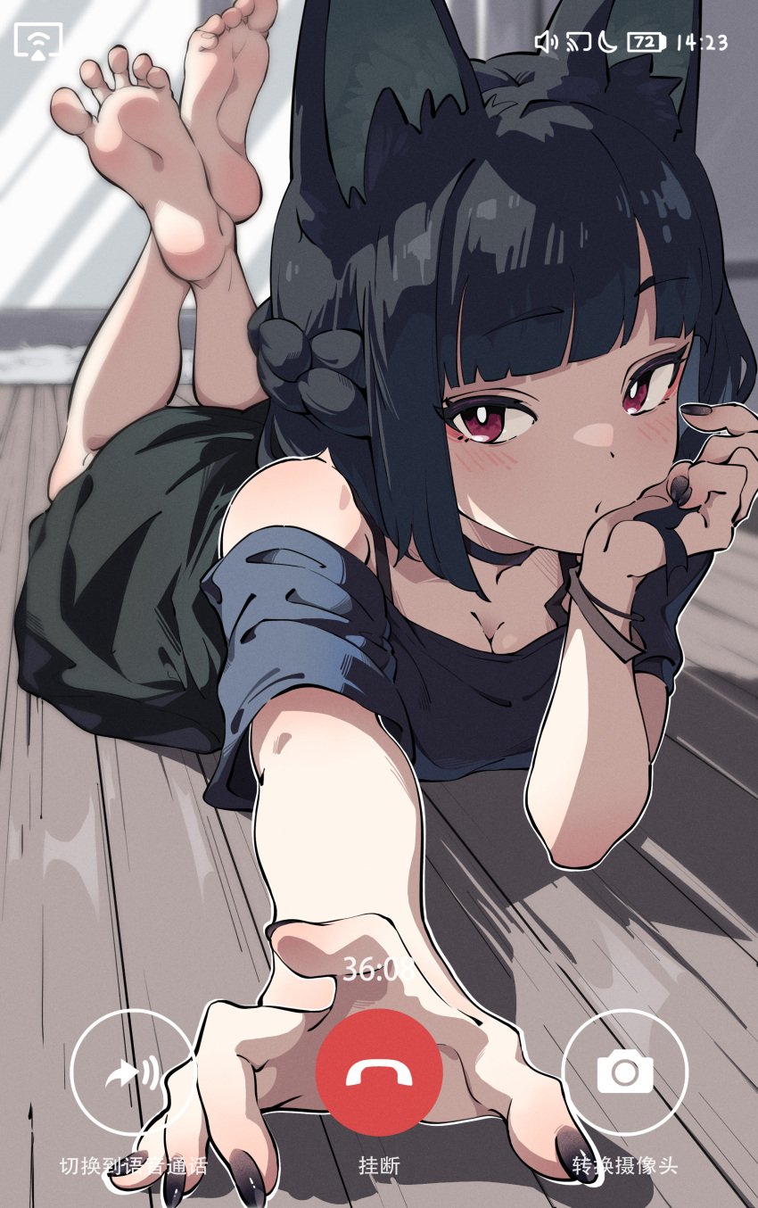 2d 2d_(artwork) 2d_artwork anime anime_girl anime_style barefoot black_hair black_nails blush braid choker clothed clothed_female clothing cute cute_face cute_girl dark_hair emo fair_skin fanart fantasy feet feet_focus feet_together feet_up female female_focus female_only foot_fetish foot_focus fox fox_ears fox_girl goth goth_girl hoshimi_miyabi hoyoverse looking_at_partner looking_at_viewer magenta_eyes nail_polish nails nails_painted pale-skinned_female pale_skin phone phone_camera phone_screen sfw short_hair shy soles spread_toes teen teenage_girl teenager toes video_game video_game_character video_games young young_female younger_female zenless_zone_zero