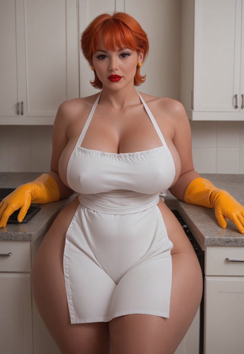 1girls ai_generated apron ass big_ass bottom_heavy breasts dexter&#039;s_laboratory dexter&#039;s_mom earrings kitchen large_ass large_breasts light-skinned_female makeup nude nude_female realistic red_hair rubber_gloves short_hair thick_ass thick_legs wide_hips