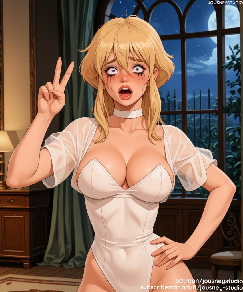 ai_generated bangs blonde_hair blue_eyes blush breasts choker clavicle cleavage clothing cool_world covered_navel curtains dress female female female_only hair_between_eyes hand_on_hip highleg holli_would indoors jean_(genshin_impact) jousneystudio large_breasts leotard lips long_hair looking_at_viewer medium_breasts moon navel night night_sky open_mouth original purple_eyes see-through short_sleeves sidelocks sky smile solo standing sweat teeth thighs tied_hair v white_choker white_leotard wide-eyed window