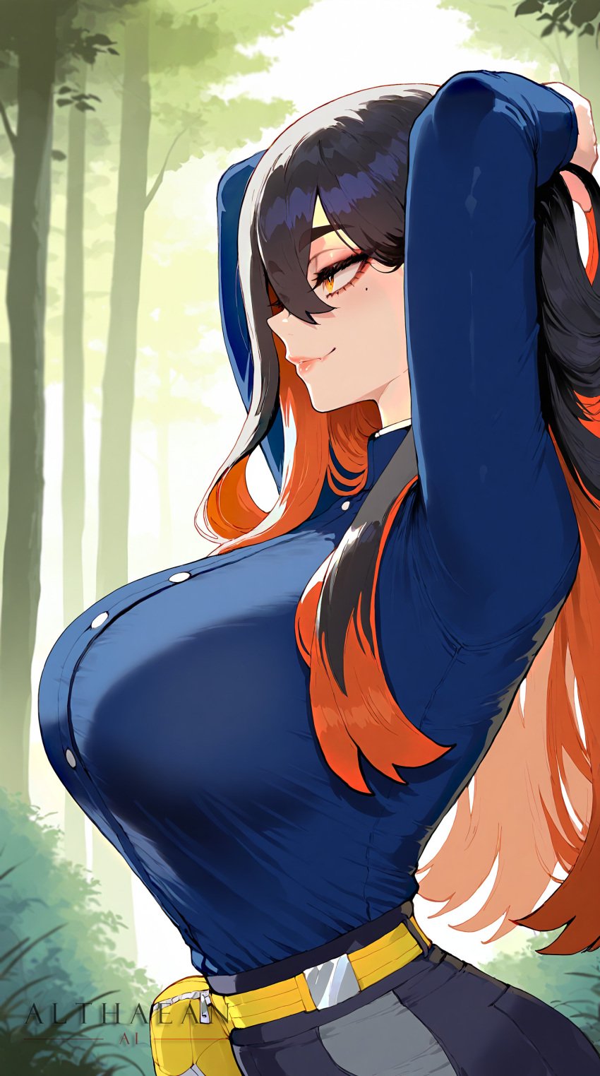 1girls absurd_res ai_generated alternate_breast_size althaean arms_above_head arms_up carmine_(pokemon) forest from_side grin hand_in_hair hand_in_own_hair highlights huge_breasts mole mole_under_eye narrow_waist nintendo pokemon pokemon_sv seductive smug straining_clothing stretched_clothing sunbeam tagme voluptuous voluptuous_female yellow_eyes