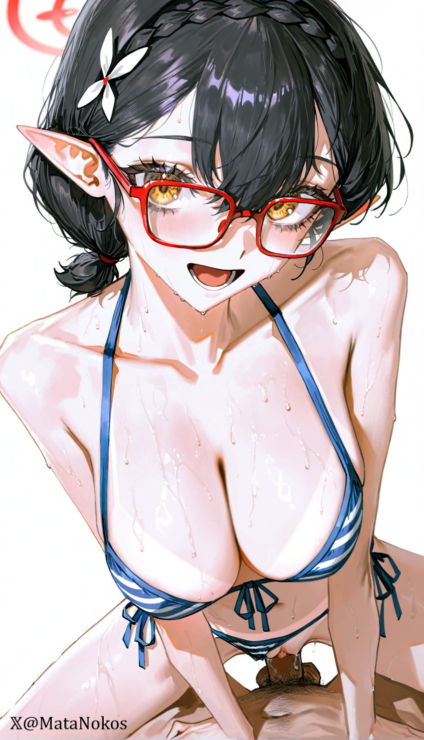 1boy ayane_(blue_archive) bare_shoulders bikini bikini_bottom_aside black_hair blue_archive blue_bikini blush braid breasts cleavage clothing_aside collarbone cowgirl_position female flower front-tie_bikini_top front-tie_top glasses hair_between_eyes hair_flower hair_ornament halo halterneck large_breasts looking_at_viewer male_pubic_hair matanokos navel official_alternate_costume open_mouth penis pointy_ears pov pov_crotch pubic_hair pussy red-framed_eyewear red_halo sex short_hair short_ponytail side-tie_bikini_bottom simple_background smile solo_focus spread_legs straddling straight string_bikini striped_bikini striped_clothes sweat swimsuit tanlines uncensored vaginal_penetration wet white_background yellow_eyes