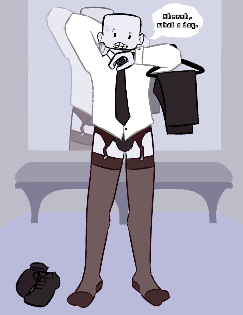 closet crossdressing dialogue elsen_(off) garter_belt garter_straps lingerie male_only off_(game) original_art panties pants pants_removed shirt shoes shoes_removed solo speech_bubble standing stockings sweat sweatdrop tie undressing undressing_self