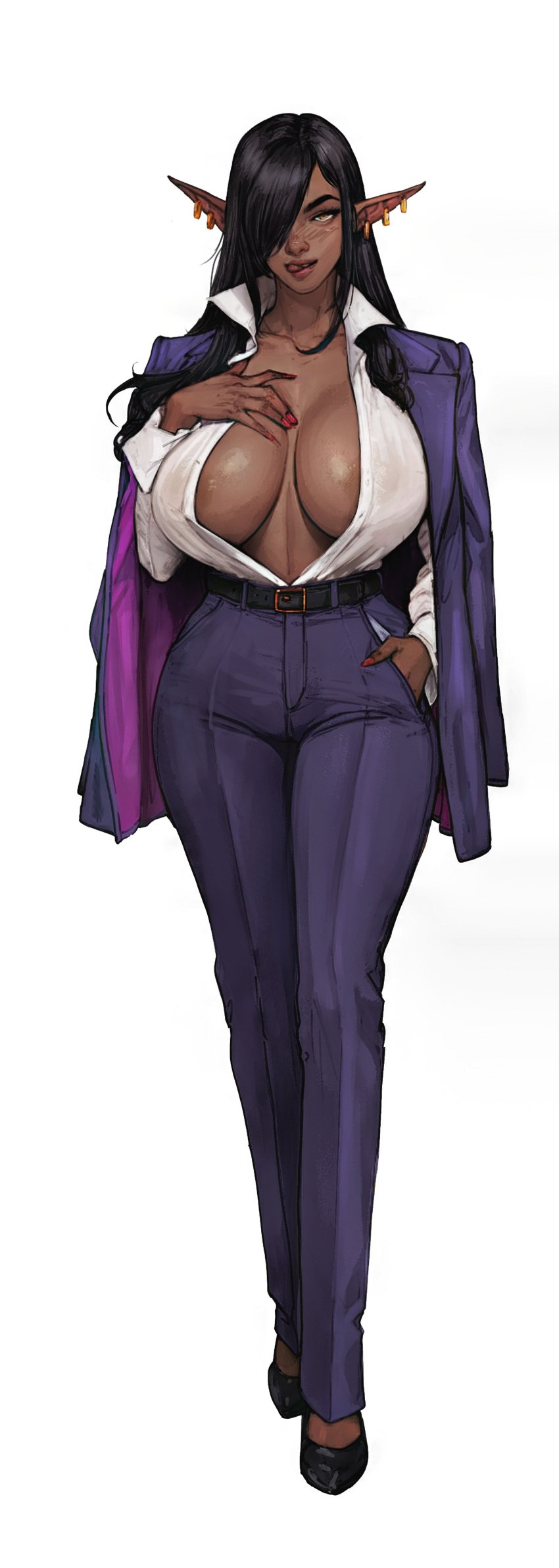 big_breasts blush dark-skinned_female dark_elf dark_hair dark_skin diathorn ear_piercing elf elf_ears elf_female hair_over_one_eye hoop_earrings huge_breasts jacket jacket_on_shoulders jewelry kuroinu_~kedakaki_seijo_wa_hakudaku_ni_somaru~ office_lady olga_discordia posing solo_female