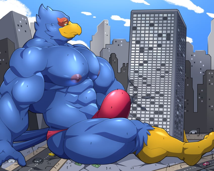 absurd_res anthro avian beak bird blue_body building bulge car city clothing destruction erection erection_under_clothing erection_under_speedo falco_lombardi feathers hi_res macro maldu male motor_vehicle muscular muscular_male nintendo sitting solo speedo star_fox swimwear vehicle worship