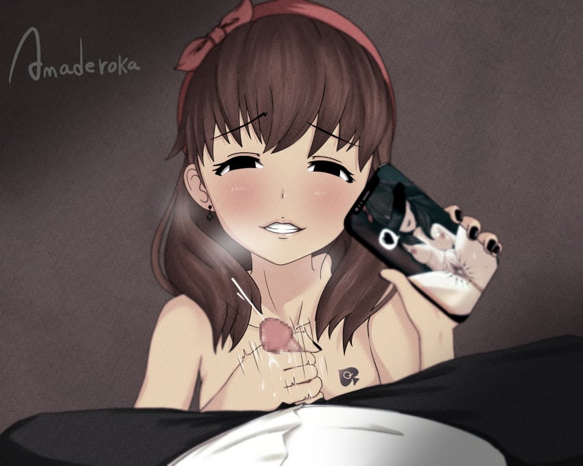 1boy 1girls amaderoka black_nails cuckold_pov dark-skinned_male dark_skin fellatio female femdom handjob humiliation idolmaster idolmaster_cinderella_girls interracial juxtaposition looking_at_viewer male netorare phone photo_comparison pov queen_of_spades sakuma_mayu small_penis small_penis_humiliation smartphone spade tattoo teasing_cuck_with_phone