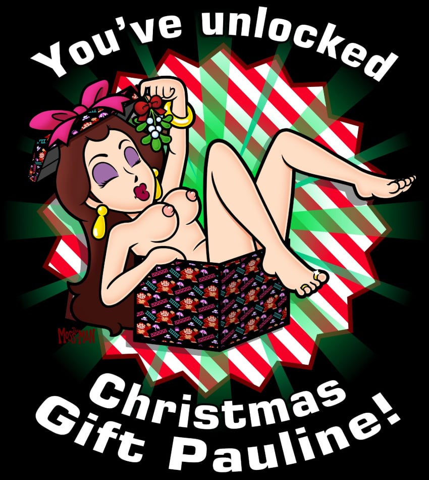 1girls black_background bow breasts brown_hair christmas christmas_present closed_eyes donkey_kong_(series) ear_piercing english_text eyeshadow feet female female_only human human_only jewelry light-skinned_female light_skin lipstick long_hair mario_(series) mature mature_female mature_woman mistletoe nintendo nipples nude nude_female pauline presents purple_eyeshadow red_lipstick rings solo solo_female solo_focus the_moss-man voluptuous voluptuous_female