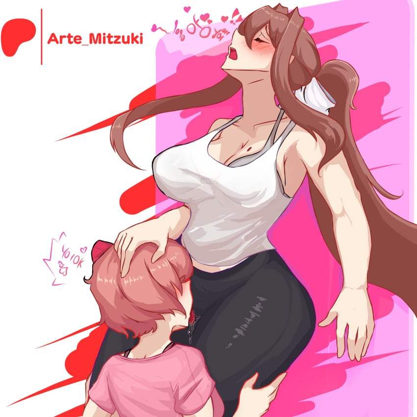 2girls artemitzuki_(artist) artist_name big_ass big_breasts blush blush breasts brown_hair doki_doki_literature_club fat_ass grabbing_head head_between_thighs lesbian_focus licking_pussy light-skinned_female light_skin long_hair moaning mole_on_breast monika_(doki_doki_literature_club) open_mouth pawg pink_hair pleasure_face ponytail round_ass saliva saliva_trail sayori_(doki_doki_literature_club) short_hair size_difference smelling_pussy thick_thighs tight_clothing yuri