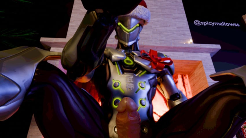 1boy 3d ambiguous_gender campfire christmas christmas_outfit dick dominant dominant_male genji implied_deepthroat light overwatch overwatch_2 taker_pov