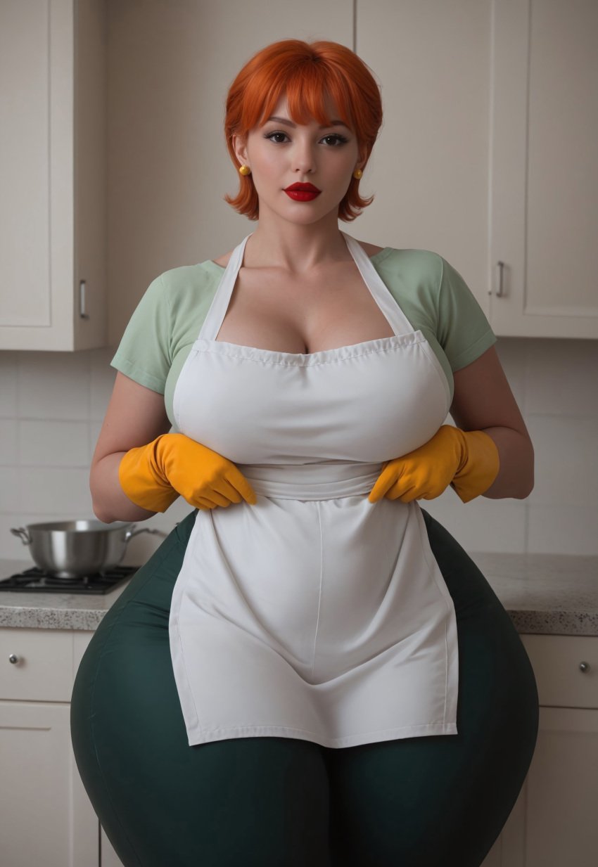 1girls ai_generated apron ass big_ass bottom_heavy breasts dexter's_laboratory dexter's_mom earrings green_clothing kitchen large_ass large_breasts light-skinned_female makeup realistic red_hair rubber_gloves short_hair thick_ass thick_legs weeweeman wide_hips