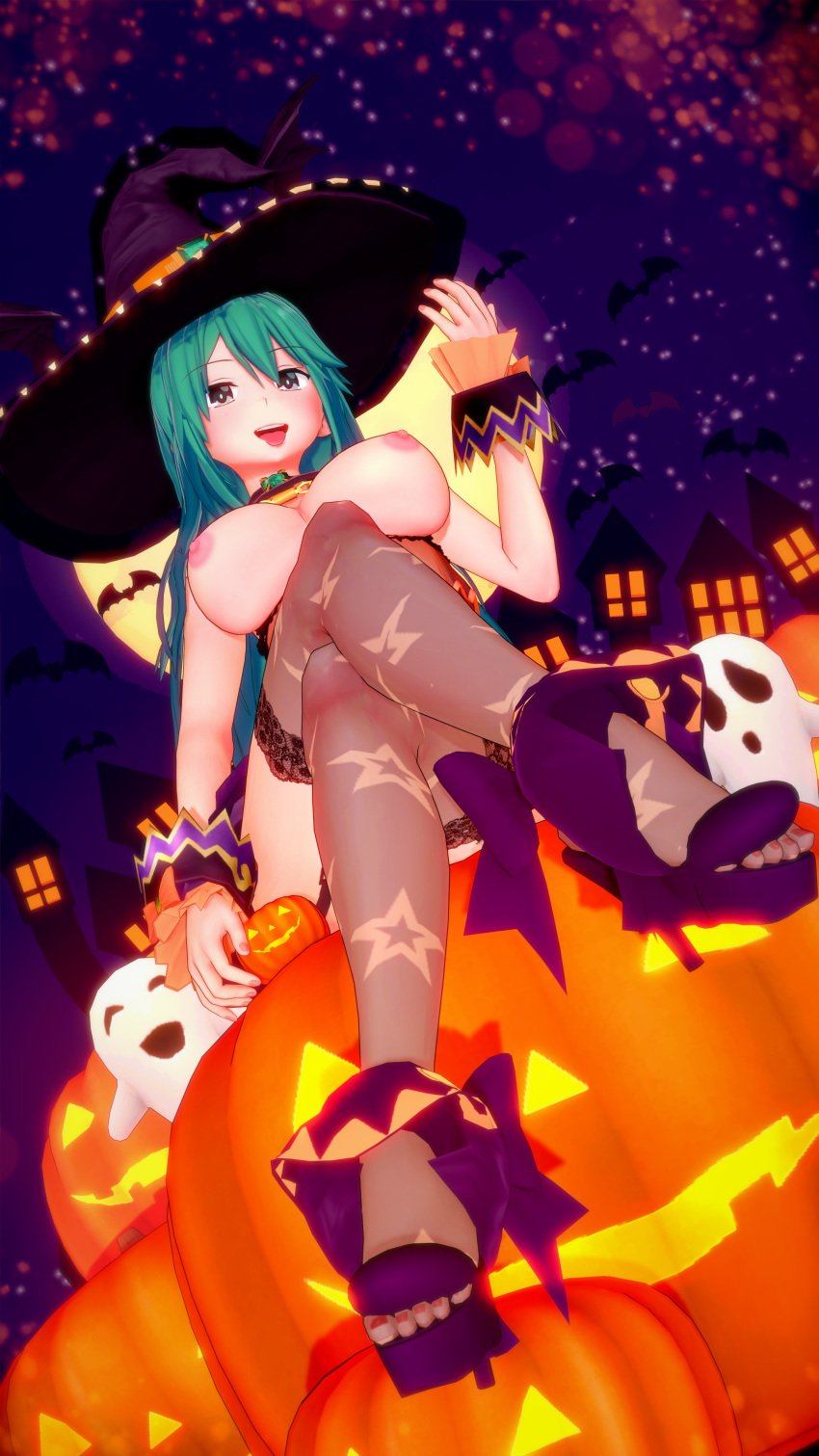 3d 3d_(artwork) big_breasts breasts date_a_live dr_xidan green_eyes green_hair halloween halloween_theme koikatsu kyouno_natsumi light-skinned_female long_hair naked naked_female nipples pink_nipples pumpkin solo solo_female thighs variant_set witch witch_hat