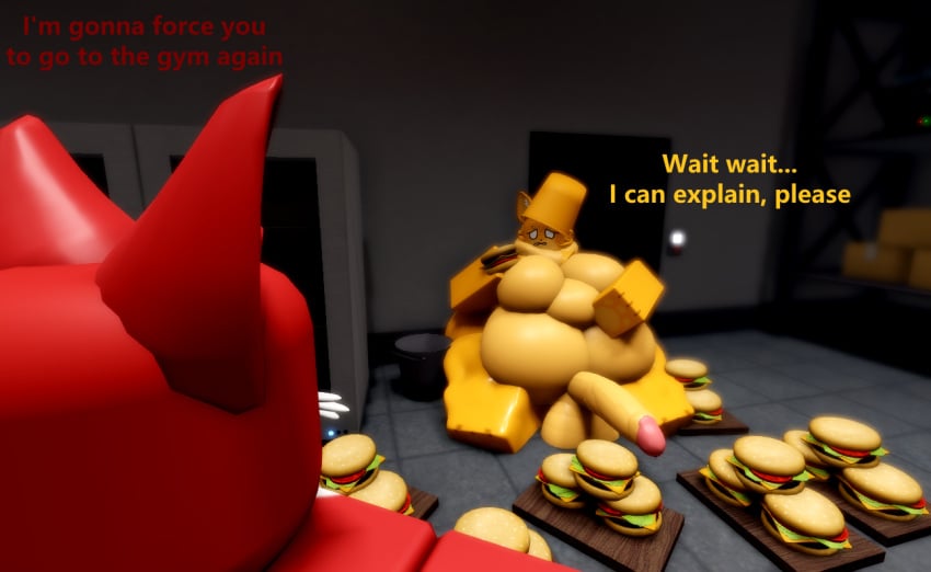 ambiguous_gender anthro balls bucket burger catte_(kaiju_paradise) cock food furry hazzy_(kaiju_paradise) kaiju_paradise male overweight ravenuwu roblox self_upload text weight_gain