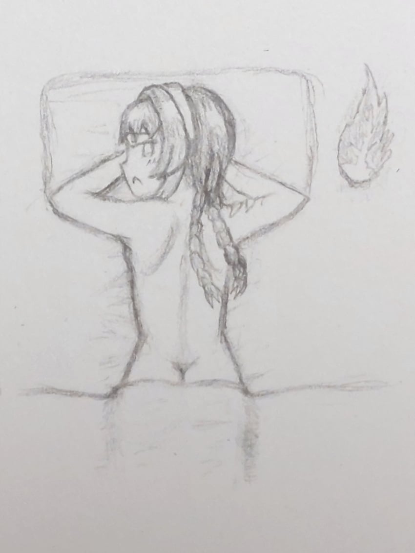 1girls ass_peek back_view bed braid feathers galaxy_gals headband huntress_terun in_bed light_skin long_hair looking_at_viewer looking_back nude nyanko_daisensou pencil_(artwork) pillow shoulder_blades sleeping_nude teenager the_battle_cats waking_up zki