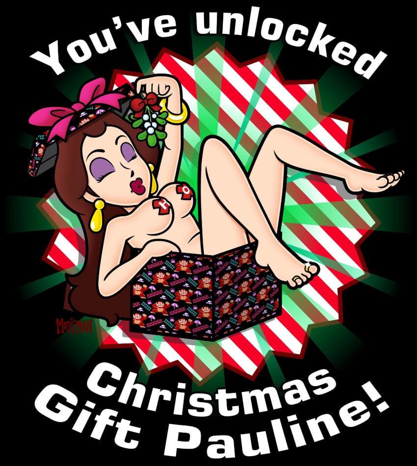 1girls black_background bow breasts brown_hair christmas christmas_present closed_eyes donkey_kong_(series) ear_piercing english_text eyeshadow feet female female_only human human_only jewelry light-skinned_female light_skin lipstick long_hair mario_(series) mature mature_female mature_woman mistletoe nintendo nipples_covered nude nude_female pauline presents purple_eyeshadow red_lipstick rings solo solo_female solo_focus the_moss-man voluptuous voluptuous_female