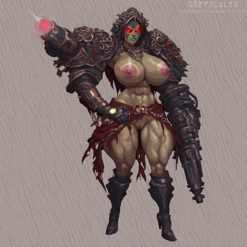 abs ai_assisted ai_generated angry areolae arm_cannon armor armored_boots athletic_female black_armor breasts breasts_out female female_only full_body gauntlets gold_trim greaves greyscaler heavy_armor heels high_heel_boots high_heels huge_breasts looking_at_viewer muscular muscular_female muscular_thighs navel nipples orc orc_female pixel_art power_armor pussy pussy_out skirt solo solo_female torn_clothes tribal tribal_markings tribal_tattoo vagina vagina_out wide_hips