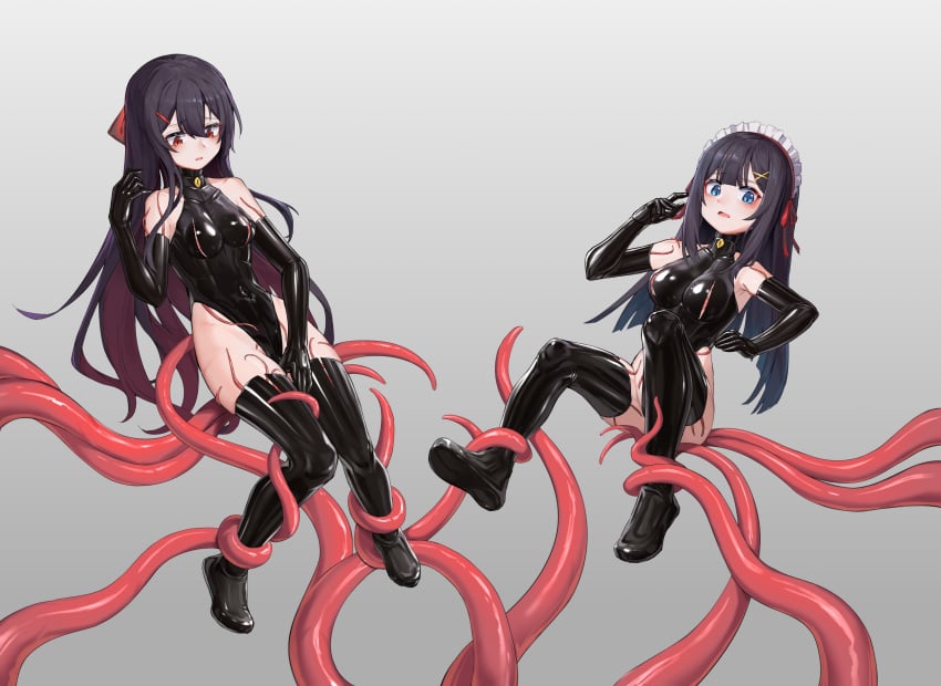 2girls absurdres bare_shoulders black_hair blue_eyes bondage bondage bound breasts elbow_gloves gag gloves highres latex leotard living_clothes long_hair medium_breasts multiple_girls navel original red_eyes restrained small_breasts tentacle tentacle_clothes thighhighs xiongmao zettai_ryouiki