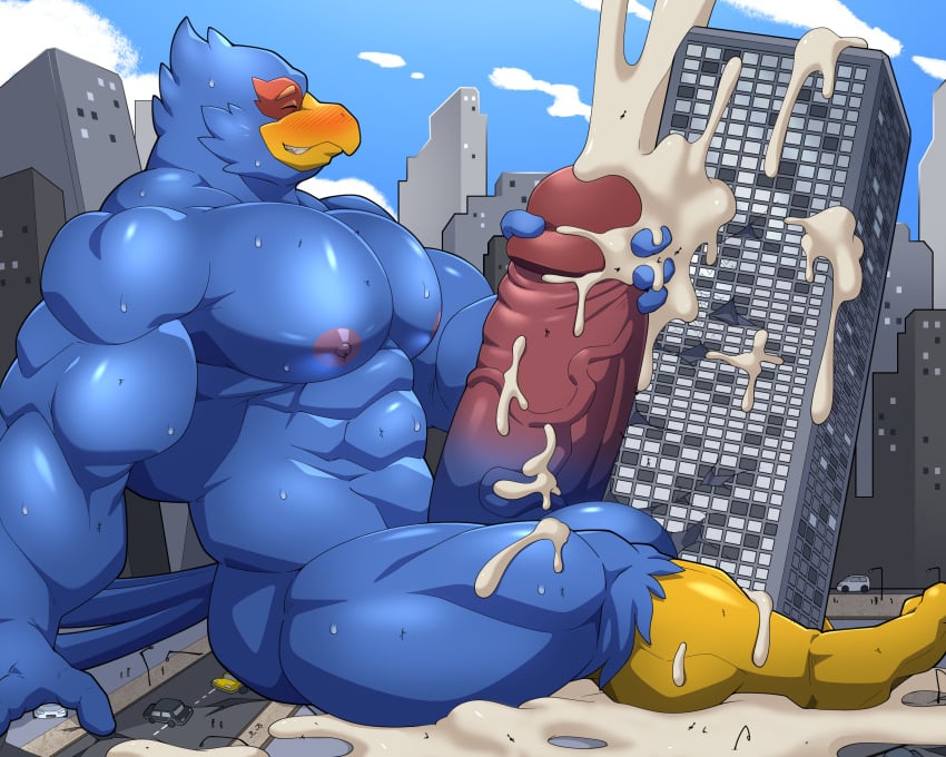 absurd_res ambiguous_fluids avian beak big_penis bird blue_body blush bodily_fluids building car city closed_eyes cum cum_on_ground cum_on_leg cum_on_penis destruction erection excessive_cum excessive_genital_fluids falco_lombardi feathers flooding genital_fluids genitals hi_res holding_own_penis holding_penis macro maldu male masturbation motor_vehicle muscular muscular_male nintendo orgasm penis sitting solo star_fox vehicle worship