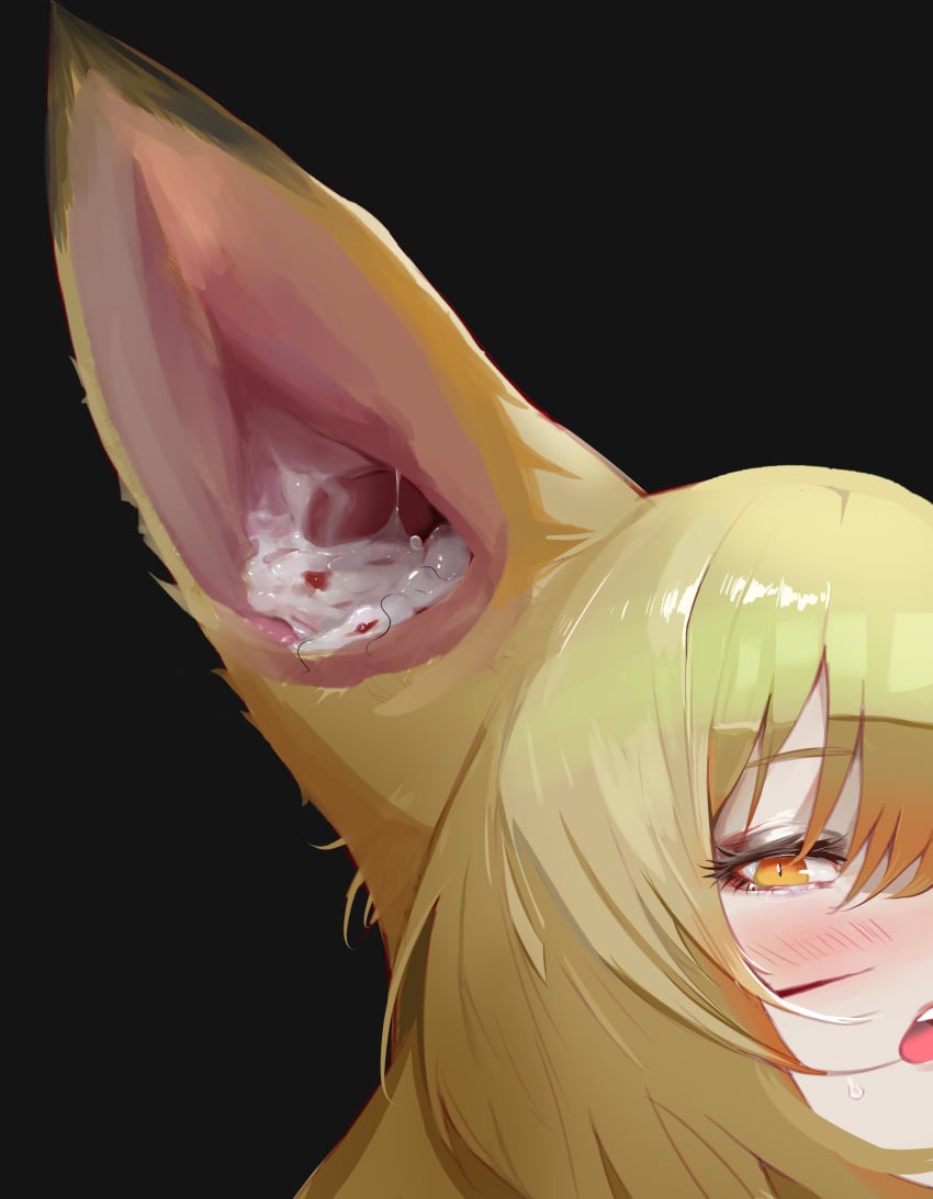 absurdres animal_ears arknights blonde_hair blood_from_ears blush cum cum_in_ear ear_sex female fox_ears fox_girl highres looking_at_viewer open_mouth out_of_frame rasputin_(syr_syr_ss) scar scar_on_cheek scar_on_face stray_pubic_hair tearing_up vulpisfoglia_(arknights)