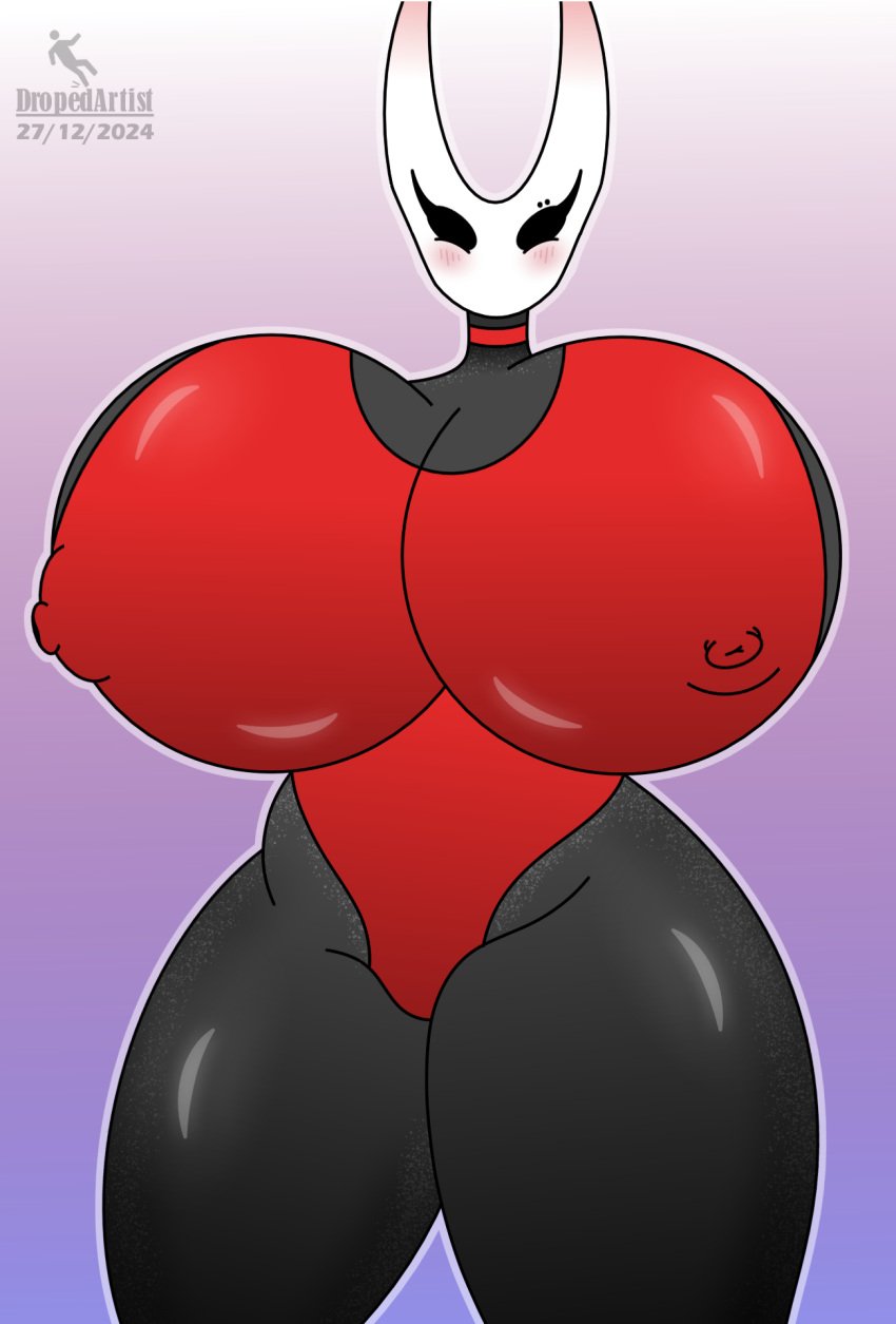 2024 big_breasts bimbo blush blush blushing_at_viewer breasts_bigger_than_head chocker dropedartist enormous_breasts hollow_knight hornet_(hollow_knight) huge_breasts looking_at_viewer piercing piercings self_upload swimsuit thick thick_legs