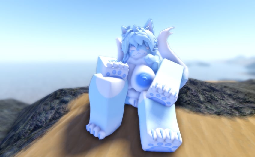 3d anthro blue_nipples blue_pussy breasts female furry ghost_fox_(kaiju_paradise) kaiju_paradise looking_at_viewer ravenuwu roblox roblox_game robloxian seaside self_upload tagme