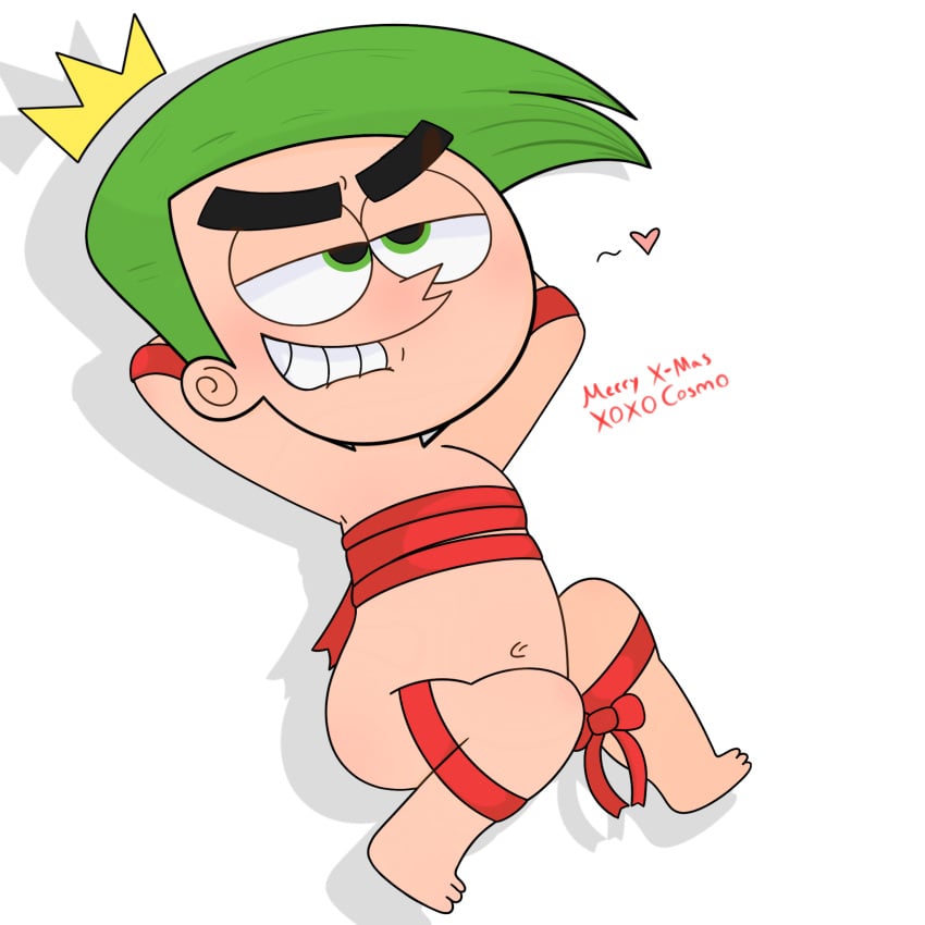 belly_button big_butt bondage christmas christmas_outfit cosmo_cosma crown fairy green_eyes green_hair male_focus male_only nickelodeon red_bondage restrained smaller_male the_fairly_oddparents the_fairly_oddparents:_a_new_wish thick_eyebrows thick_thighs wrapped_up wrapping_paper