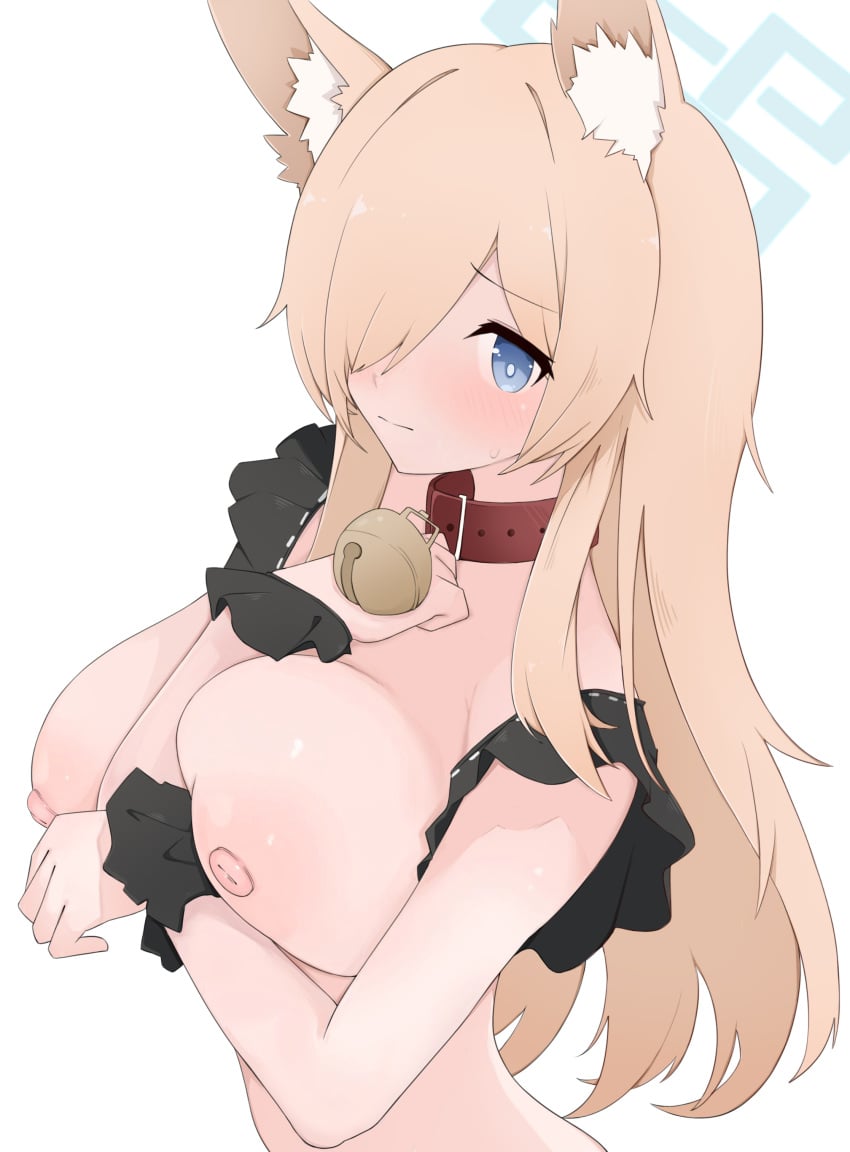 absurdres animal_ear_fluff animal_ears bell blonde_hair blue_archive blue_eyes blue_halo blush breasts closed_mouth collar female gu_meng_yin hair_over_one_eye halo highres jingle_bell kanna_(blue_archive) large_breasts long_hair looking_at_viewer neck_bell nipples nude public_peace_bureau_(blue_archive) red_collar simple_background upper_body valkyrie_police_school_student white_background