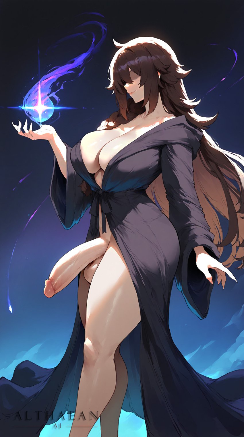 1futa ai_generated althaean braid brown_hair cleavage cleavage_overflow galaxy glowing hidden_eyes highres holding holding_object hood_up hooded_robe large_breasts large_penis large_testicles magic mysterious open_robe original_character single_braid smile smiling space tagme thick_thighs very_long_hair void voluptuous voluptuous_futanari