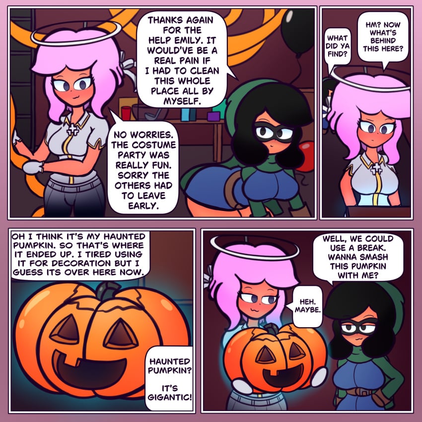 1futa 1girls alice_(spunow) azazel_(helltaker) balloon bandit_(clash_royale) bent_over blush blush cloak comic comic_page cosplay emily_(spunow) english_text eye_mask female futanari halloween halloween_costume halo hood outfit party pumpkin smug smug_face spunow_ text text_bubble