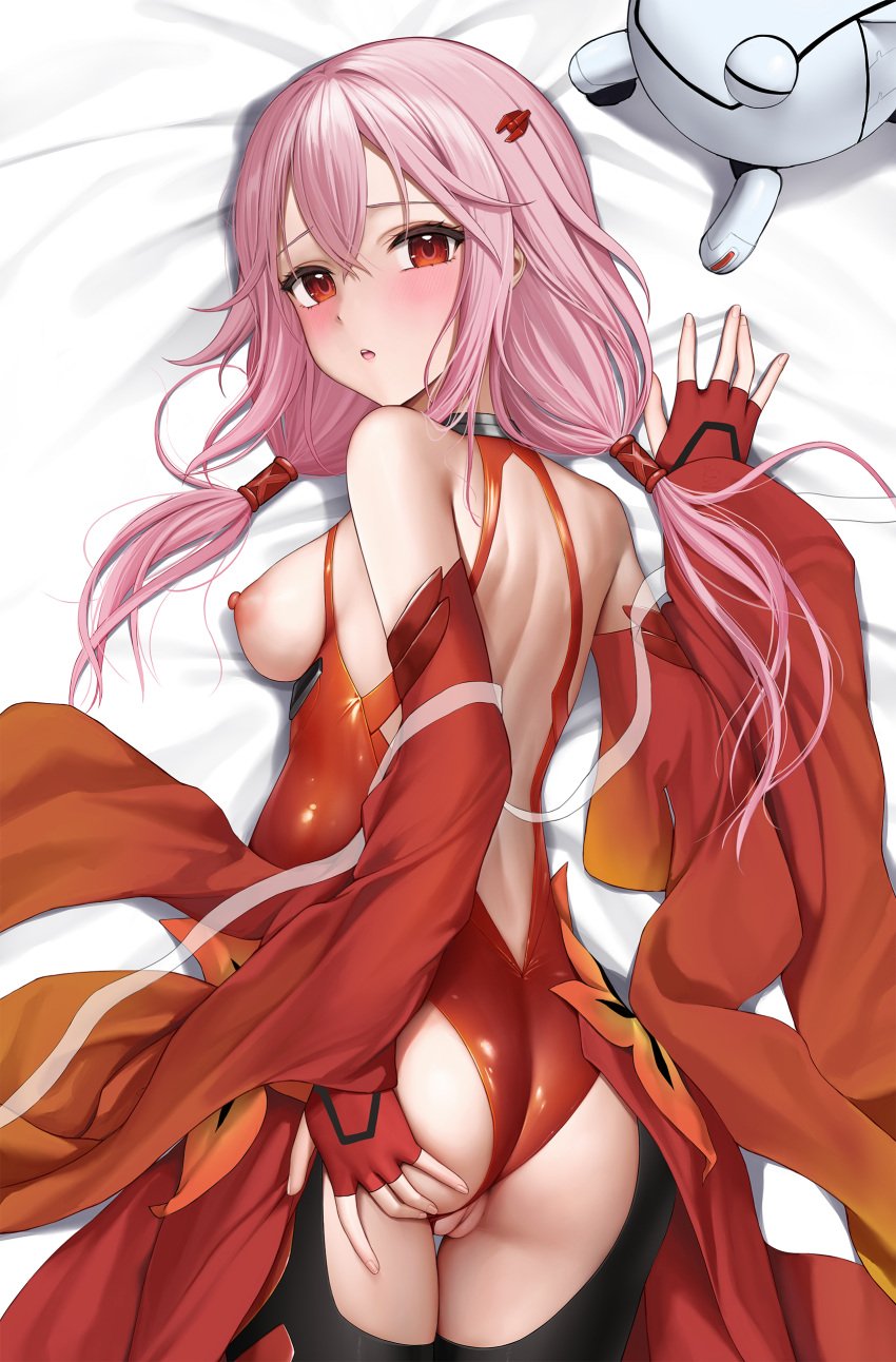 absurdres ass back_cutout black_thighhighs blush breasts clothing_aside clothing_cutout dakimakura_(medium) female fingerless_gloves fyu-neru gloves guilty_crown hair_between_eyes hair_tubes hand_on_own_ass highres keine09 leotard leotard_aside long_hair looking_at_viewer looking_back median_furrow medium_breasts pink_hair pregnant pussy red_gloves red_leotard sideboob solo_focus thighhighs twintails yuzuriha_inori