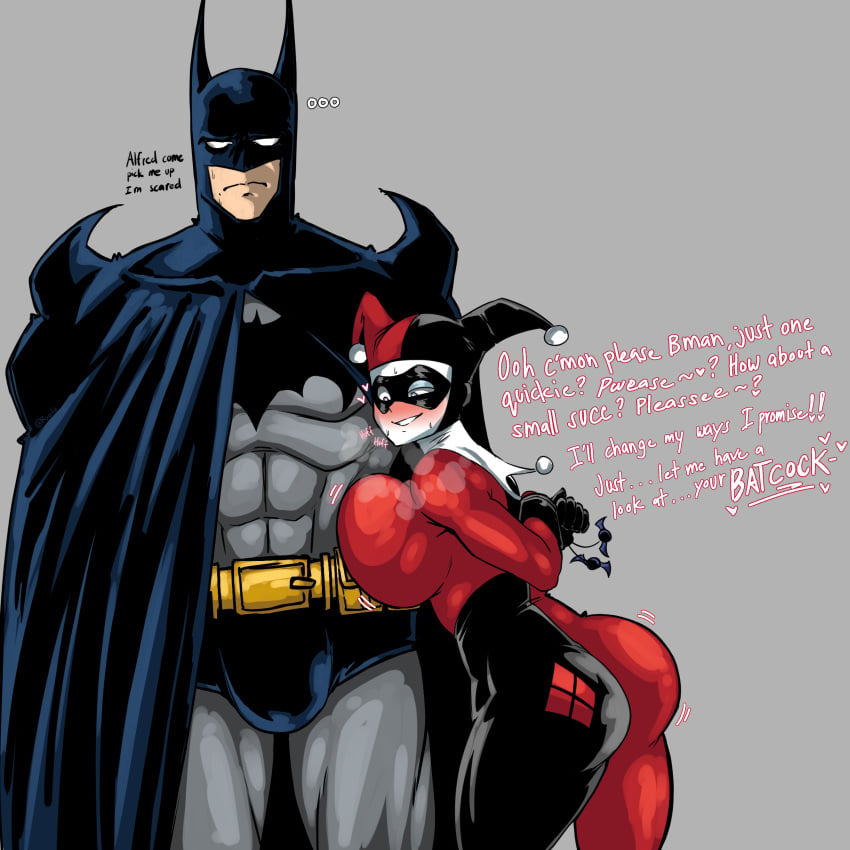 1boy 1girls ass batman batman_(series) big_ass big_breasts breasts bulge dialogue female harley_quinn horny horny_female male musk musk_clouds png ryosuart sweat sweaty_body text thick_thighs wide_hips