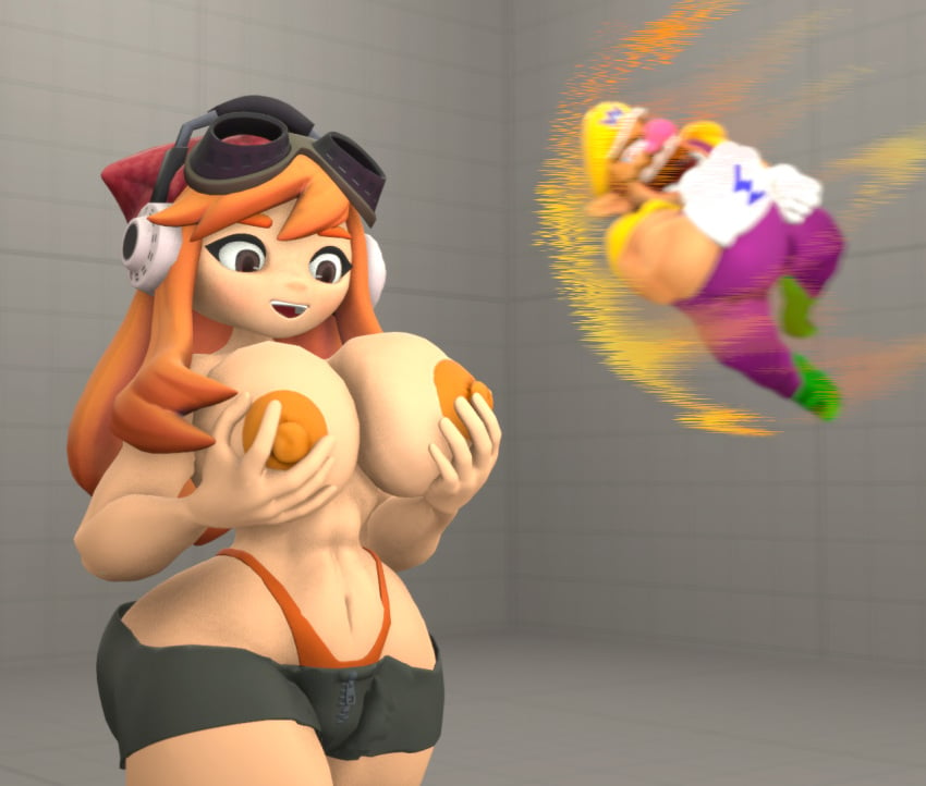 1boy1girl 1girls 3d alternate_breast_size areolae beanie female grabbing_own_breast hat headphones human_meggy indoors kabalmystic light-skinned_female light_skin long_hair male male/female mario_(series) medium_breasts meggy_spletzer nipples obama orange_hair orange_panties overalls panties pointy_ears sfm sfm_default_map smg4 source_filmmaker thong topless topless_female underwear wario wario_(series) wario_land:_shake_it! wario_x_meggy