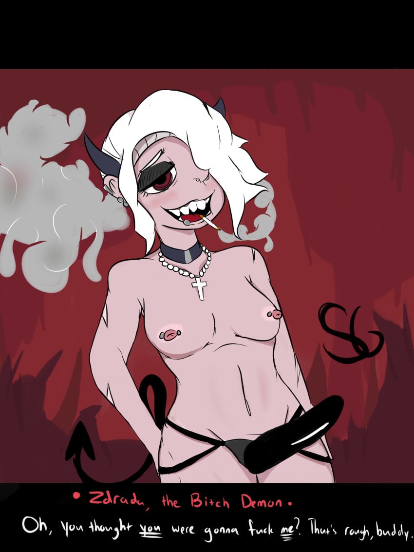 1girls cigarette demon devil_tail eyeshadow female female_only femdom hair_over_one_eye helltaker horns imminent_pegging imminent_sex nipples pegging pierced_ears pierced_nipples red_skin scars scribblygumbo smoking solo strap-on teeth threatening toothy_grin white_hair zdrada_(helltaker)