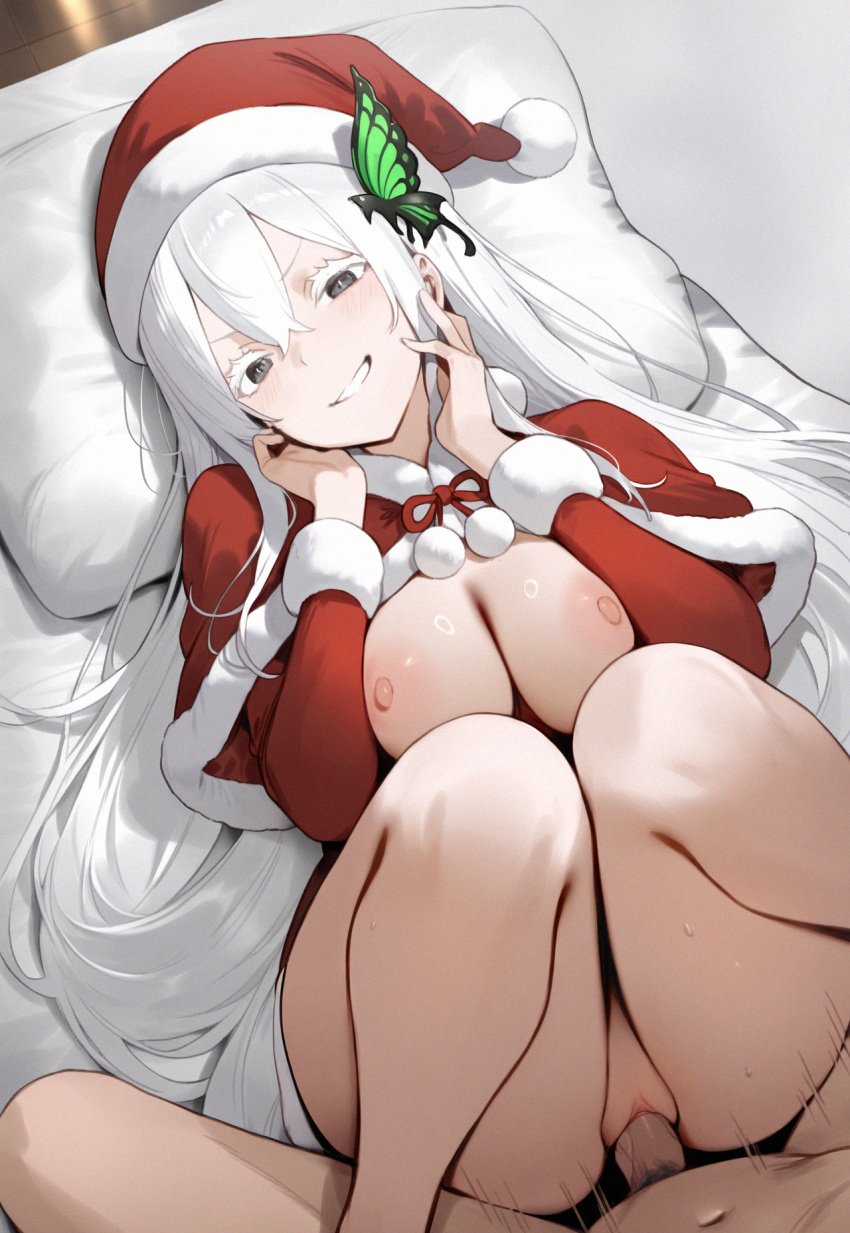 ai_generated ass_visible_through_thighs bare_legs bare_thighs bed bed_sheet big_breasts black_eyes blush breasts breasts_out butterfly_hair_ornament christmas_hat christmas_outfit echidna_(re:zero) feet_out_of_frame grin knees_together_feet_apart long_hair long_sleeves lying missionary_position nipples parted_lips re:zero_kara_hajimeru_isekai_seikatsu setsuaiart sex thighs white_hair