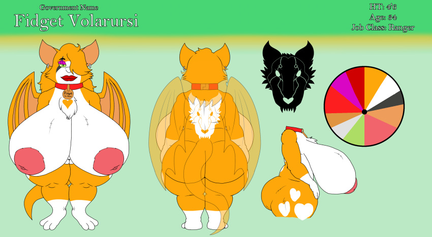 absurd_res alternate_universe alythewolfcat anthro ass bat big_breasts big_butt breasts chest_tuft collar collar_only color_wheel dust:_an_elysian_tail english_text female fidget_(elysian_tail) fidget_volarursi genitals hair hair_over_eye heart_(marking) hi_res huge_breasts inverted_nipples makeup mammal markings model_sheet nimbat nipples nude plump_labia pussy short_stack solo tattoo text tuft wide_hips wings