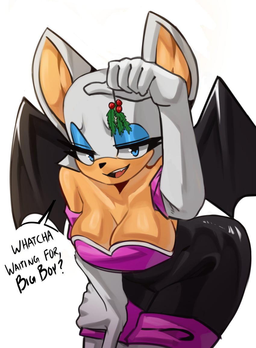 1girls animal_ears anthro anthro_female anthro_only bat_earsbare_shoulders bat_girl bat_wings big_breasts blue_eyes cleavage clothed clothing colored_skin elbow_gloves female furry furry_female gloves hi_res mistletoe mobian_(species) moxydrawsmore rouge_the_bat simple_background sonic_(series) sonic_the_hedgehog_(series) wings