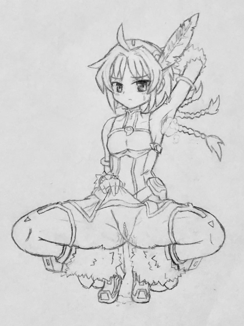 1girls arm_behind_head armpits blush braid clothed feathers galaxy_gals headband huntress_terun light_skin long_hair looking_at_viewer nyanko_daisensou pencil_(artwork) presenting presenting_pussy pussy pussy_juice pussy_juice_puddle squatting sweat teenager the_6th_angel_ramiel the_battle_cats thick_thighs thighhighs thighs