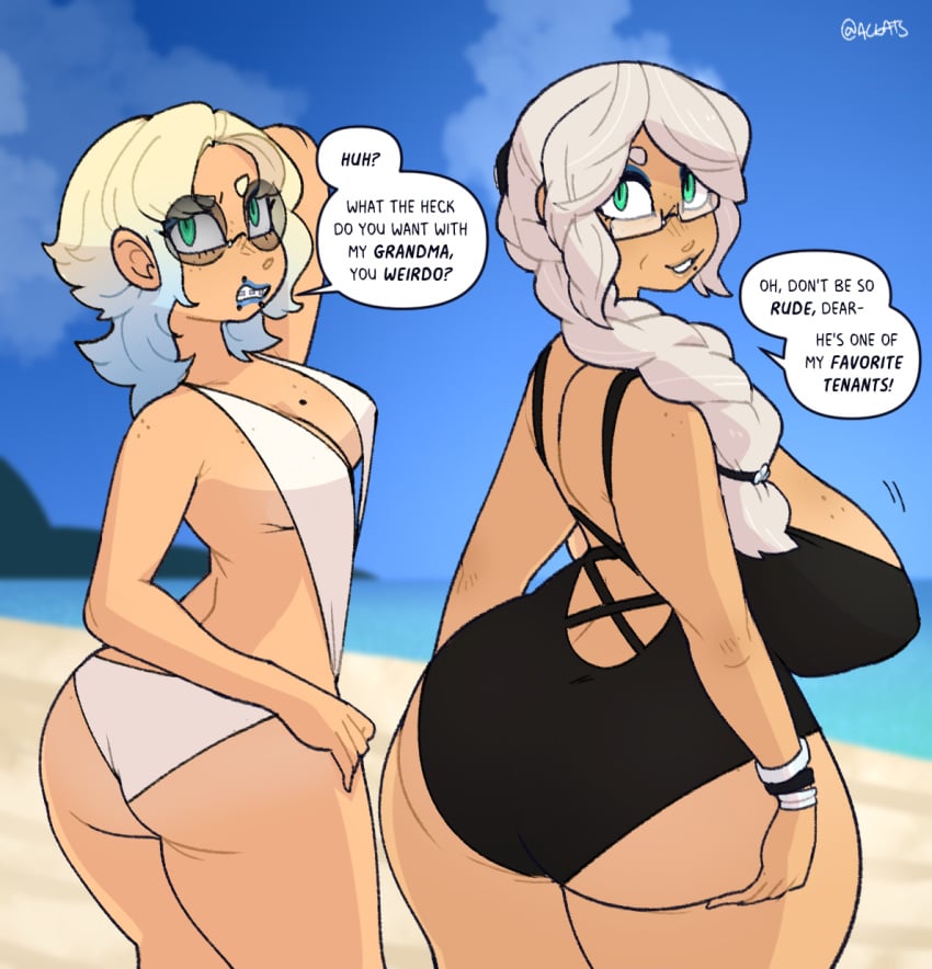 2girls angry angry_expression angry_face artist_name artist_signature ass ass_size_difference beach big_breasts big_butt bikini black_sunglasses black_swimsuit blonde_hair blue_eyeshadow blue_highlights blue_lips blue_lipstick bracelet braces braid braided_hair braided_ponytail breast_size_difference breasts cloud dialogue dialogue_bubble female freckles gats gilf glasses grandmother grandmother_and_granddaughter green_eyes hands_on_ass hot_neighbour long_hair looking_at_viewer looking_back milf ocean one-piece_swimsuit ponytail ruby-bellflower ruth-bellflower sand short_hair sling_bikini sling_swimsuit slingshot_bikini slingshot_swimsuit small_breasts smile smiling smiling_at_viewer speech_bubble sunglasses swimsuit swimwear thick_ass white_bikini white_hair white_swimsuit