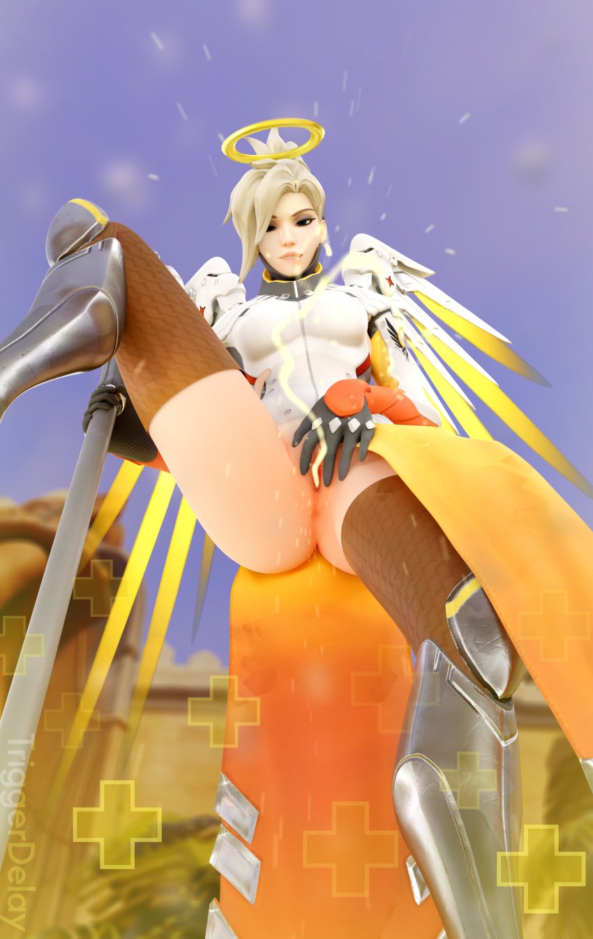 3d areolae blender blonde_hair from_below full_body looking_at_viewer mercy overwatch peeing peeing_on_viewer pov pussy solo_female spread_legs spread_pussy submissive_pov thighhighs triggerdelay urinating urine urine_stream watersports