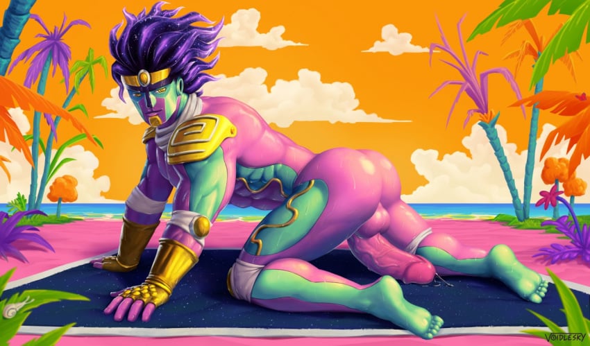 1boy all_fours armor ass backsack balls beach beach_towel bedroom_eyes big_ass big_penis green_skin humanoid jojo's_bizarre_adventure male male_only muscular pecker_tracks pink_skin purple_hair solo solo_male stand_(jjba) star_platinum stone_ocean voidlesky yellow_eyes