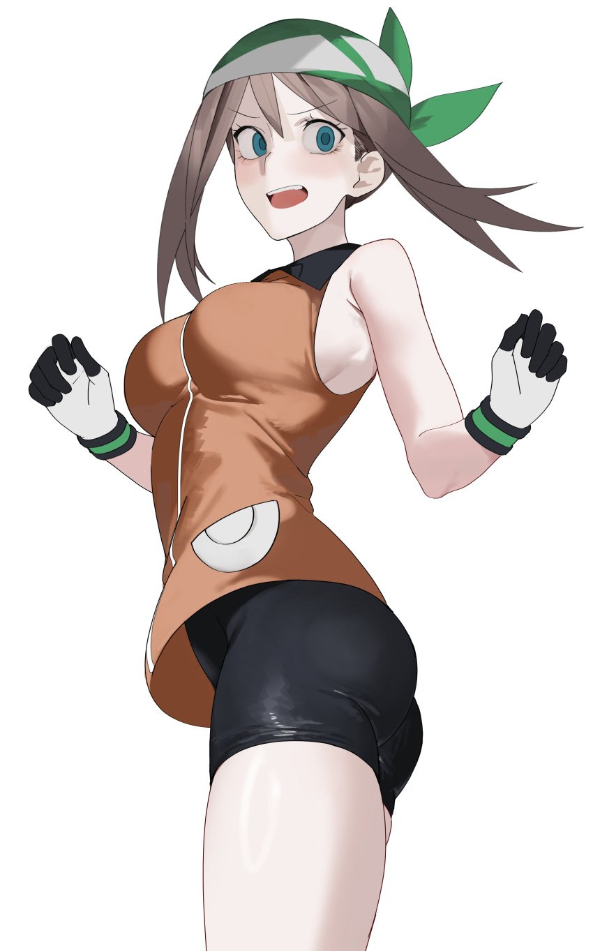 1girls ass big_breasts bike_shorts breasts clothed female keiz may_(pokemon) may_(pokemon_emerald) nintendo open_mouth pokemon pokemon_emerald pokemon_trainer shocked shorts side_view tight_clothing