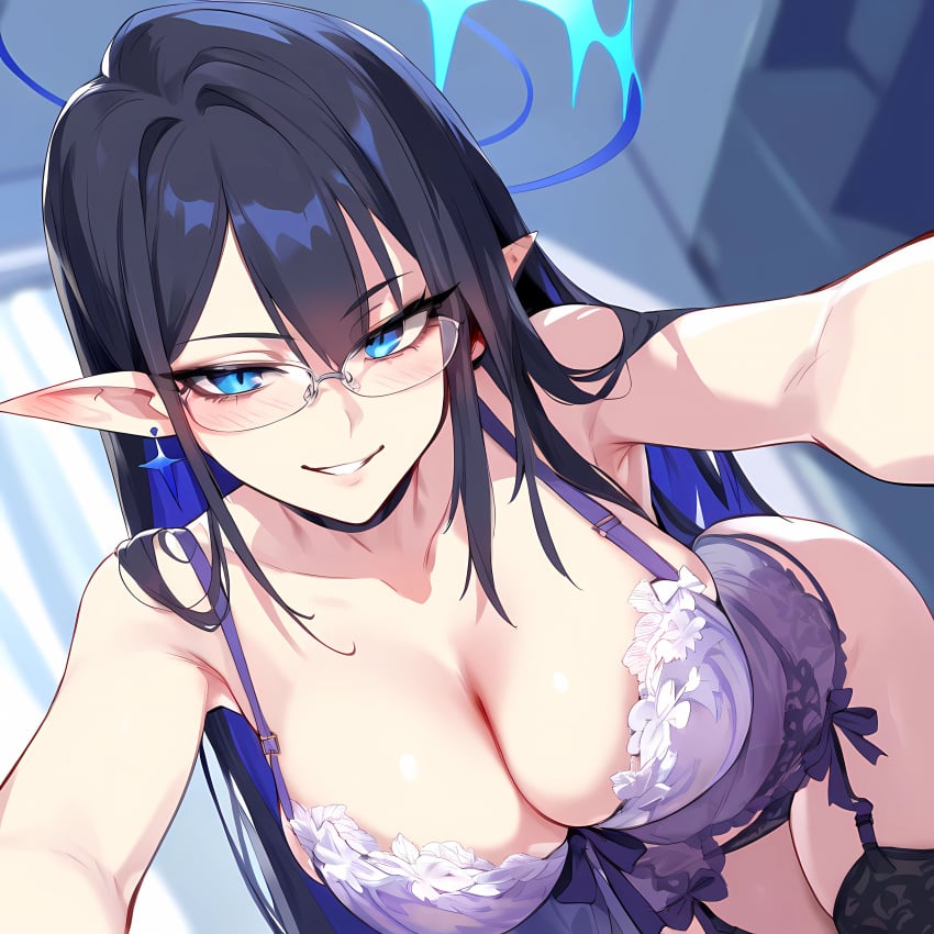 1girls ai_generated big_breasts black_hair blue_archive blue_eyes breasts elf_ears female female_focus glasses halo huge_breasts large_breasts light-skinned_female long_hair milory pointy_ears rin_(blue_archive) smiling