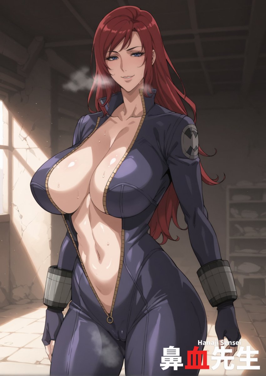 1girls ai_generated avengers black_widow_(marvel) blue_eyes bodysuit cameltoe hanajisensei marvel marvel_comics mature mature_female midriff milf open_clothes red_hair slender_body slender_waist tight_clothing 鼻血先生