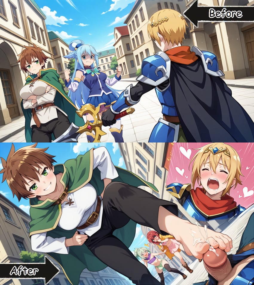 1boy ai_generated annoyed_expression aqua_(konosuba) armored_male audience barefoot before_and_after bent_over black_pants blonde_hair_male blue_armor blush brown_hair city clemea_(konosuba) clenched_fist climax closed_eyes cum_on_feet cumming_from_footjob cumshot daytime defeated_hero disgusted_expression drooling duel ejaculation facing_back fighting_stance fio_(konosuba) foot_fetish footjob genderswap_(mtf) green_cloak green_eyes hands_on_hips heart isekai kono_subarashii_sekai_ni_shukufuku_wo! large_breasts male_moaning male_orgasm mitsurugi_kyouya_(konosuba) moaning_in_pleasure no_panties plaza rule_63 satou_kazuma scared_expression shaded_face short_hair smug_face smug_grin stepping_on_penis street sword white_tunic