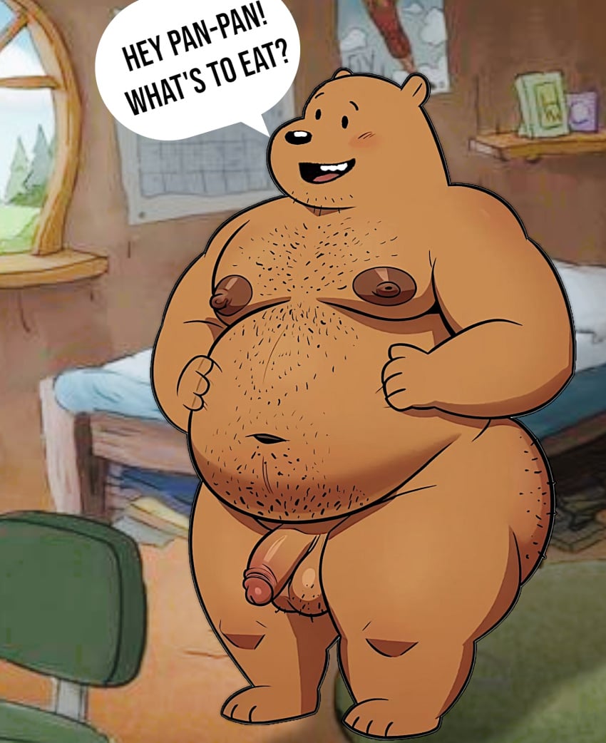 anthro areola ass balls bear big_balls big_butt biped body_hair brown_bear cartoon_network chest_hair foreskin genitals glans grizzly_(we_bare_bears) grizzly_bear hairy_balls half-erect hi_res humanoid_genitalia humanoid_penis male male_anthro mammal moobs nipples obese obese_anthro obese_male overweight overweight_anthro overweight_male penis plantigrade retracted_foreskin solo text ursine we_bare_bears you_shibita